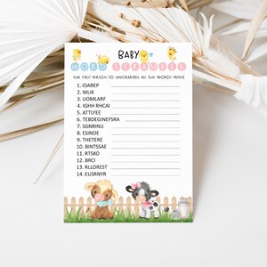 Farm baby shower games, Farm baby word scramble printable, Barnyard gender reveal activities - 11C3