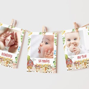 Farm monthly photo banner, Babys first year photos, Milestone banner, Barnyard first birthday decorations, Editable 12 month banner - 11D