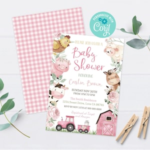Girl Farm baby shower invitation, Floral farm animals baby shower, Girl baby shower theme, Editable barnyard girl shower invitation - 11A