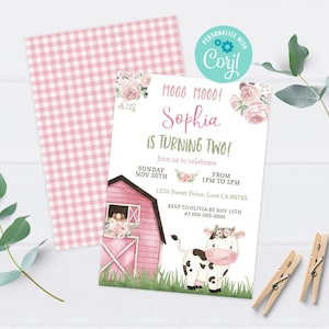 Cow girl birthday invitation, Farm birthday invitation for girl, Pink Barnyard party printables, Instant download, EDITABLE invite - 11A