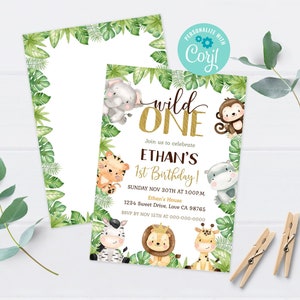 Safari birthday invitation, Wild One birthday invitation, Jungle animals first birthday party invite, Boy 1st birthday theme - 35E