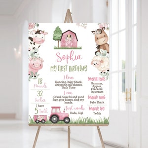 Girl Farm Milestone Poster, 1 year milestone board, Farm 1st birthday decorations, Pink Barnyard first birthday milestone sign - 11A