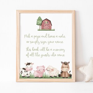 May include: A printable sign with a red barn, green trees, and farm animals. The sign says "Pick a page and leave a note. Or simply sign your name. This book will be a memory of all the guests who came."