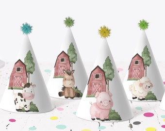 Farm party hats, Farm animals birthday decorations, Printable boy birthday party hats, Barnyard party decor, Instant Download - 11A