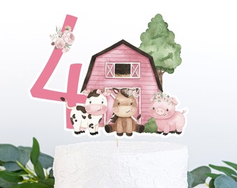 Girl Farm cake topper 4th birthday, Girl Farm Centerpiece, Floral Farm party table decor, Pink barnyard fourth birthday decorations - 11A