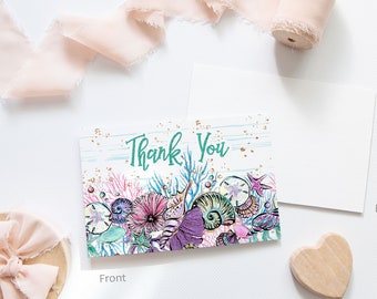 Mermaid thank you cards, Flat 4x6 card, Girl birthday decorations, Under The Sea Party printables, Birthday thank you note, Digital - 20B1