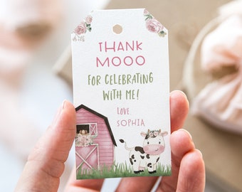 Cow Thank you Tags, Cow girl birthday decorations, Floral Farm favor tag, Pink Barnyard Party Labels, Farm party printables  - 11A