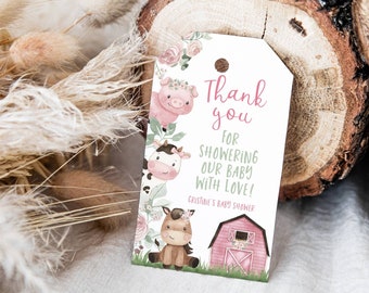 Girl Farm Thank you Tags, Floral Farm animals baby shower printables, Girl Barnyard baby shower decorations - 11A
