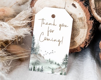 May include: A white thank you tag with brown text that says "Thank you for coming!" The tag has a watercolor illustration of a forest scene with trees, mountains, and birds.