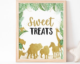 Sweet Treats party sign, Safari table sign, Gold safari animals birthday decoration, Safari birthday, Jungle baby shower, Zoo party - 35K