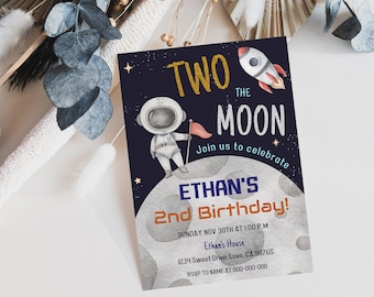 Two the moon birthday invite, Space second birthday invitation, EDITABLE Outer Space party Invite, Astronaut Invitation - 39C