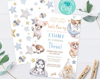 Dog birthday invitation, Instant download, EDITABLE Puppy party invitation, Lets pawty, Pet party invite, Boy theme party printable - 72A