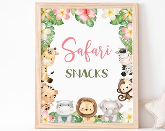 Safari Snacks Sign, Girl Safari table signs, Safari birthday decorations, Jungle theme, Safari Animals Baby shower printables Girl - 35E