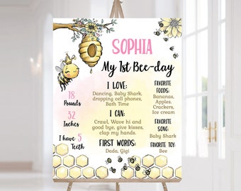 Bee Milestone Poster, Editable 1 year milestone board, First bee day decorations, Bee 1st birthday milestone sign, Instant download - 61A