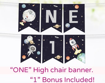 Space ONE banner, Astronaut 1st Birthday high chair banner, Outer Space party decor, First trip around the sun birthday decorations - 39C