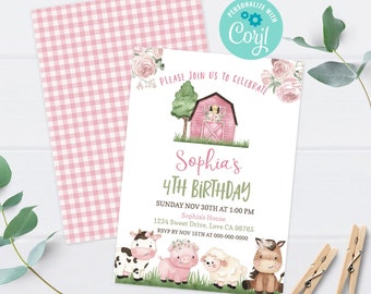 Farm birthday invitation for girl, Instant download, EDITABLE Farm Animals Invite, Girl birthday invite, Barnyard party printables - 11A