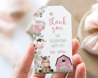 Pink farm party printable, Girl Farm favor tag, Farm Thank you Tags, Floral Farm birthday decorations, Girl Barnyard Party Labels - 11A