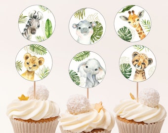 Safari cupcake toppers, Jungle birthday decorations, Safari animals baby shower decor, Jungle party stickers, boy party printables - 35A