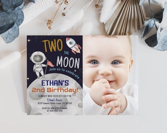 Two the moon birthday photo invitation, Space second birthday invitation, EDITABLE Outer Space party Invite, Astronaut Invitation - 39C