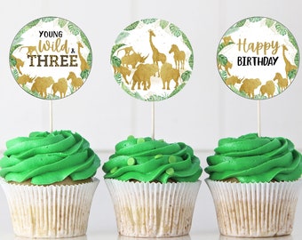 wild & three cupcake toppers, Safari gold birthday decorations, Jungle party decor, Safari party stickers, boy party printables - 35K