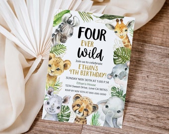 Four ever wild invitation, Safari animals 4th birthday invitation, Jungle birthday party theme, EDITABLE Safari fourth birthday invite - 35A