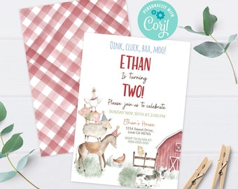 Farm birthday invitation 2, Instant download, Farm 2nd birthday invitation boy, EDITABLE Farm Animals Invite, Barnyard bash party  - 11B