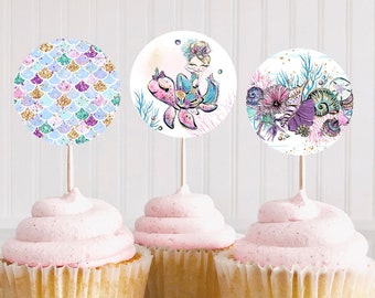 Mermaid cupcake toppers 2", Birthday cupcake picks girl, Mermaid theme party printables - 20B1