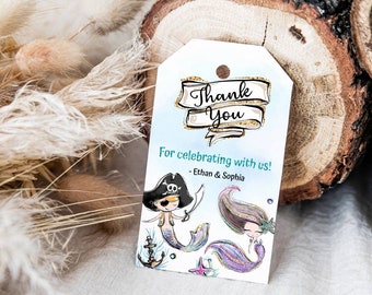 EDITABLE Pirate and Mermaid Thank you Tags, Custom Brother and Sister birthday favor tags, Siblings birthday, Kids party printables - 20A1