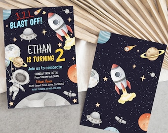 Space birthday invitation Boy, Instant download, EDITABLE Outer Space Invite, Kids birthday invite, Galaxy Blast Off party printable - 39C