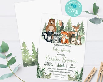 Woodland baby shower invitation boy, Forest animals baby shower invite instant download, Editable Watercolor greenery shower invites - 47J2