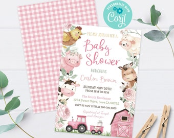 Girl Farm baby shower invitation, Floral farm animals baby shower, Girl baby shower theme, Editable barnyard girl shower invitation - 11A