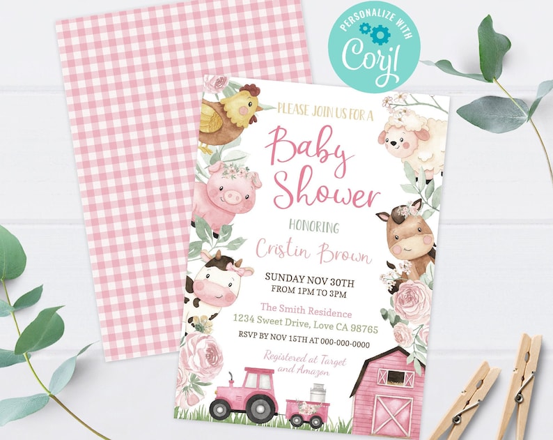 Girl Farm baby shower invitation Floral farm animals baby shower Girl baby shower theme Editable barnyard girl shower