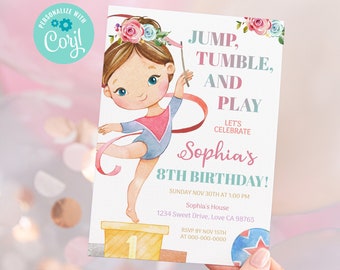 Gymnastics birthday invitation, Instant download, EDITABLE Rainbow girl Gymnastic Bithday Invite, Floral Gymnastic party printables - 99A