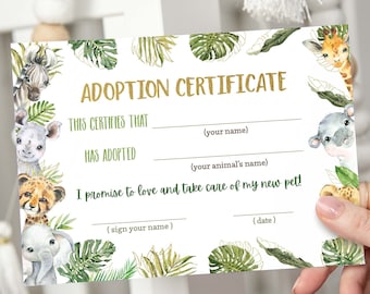 Safari adoption certificate, Adopt an animal, Pet adoption party certificate, Jungle birthday game, Safari party printable, Jungle party 35A