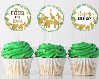 Four ever wild cupcake toppers, Safari gold birthday decorations, Jungle Birthday decor, Jungle party stickers, boy party printables  35K