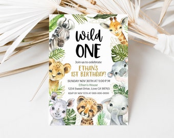 Wild One Safari invitation, Wild One birthday boy invitation, Jungle birthday party invitation, EDITABLE Safari first birthday invite - 35A