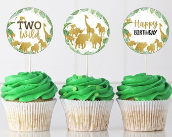 Two wild cupcake toppers, Safari birthday decorations, Safari 2nd Birthday, Jungle party stickers, boy party printables, Gold Safari  - 35K