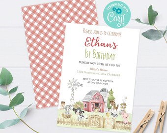 Farm 1st birthday invitation, Instant download, Farm party invitation boy, EDITABLE Farm Animals Invite, Barnyard bash birthday - 11C1