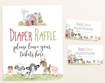 Farm Diaper Raffle Sign and Card, Farm baby shower decorations, Farm Baby shower games, Barnyard Raffle sign and tickets - 11C1