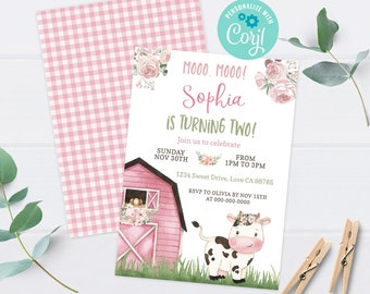 Cow girl birthday invitation, Farm birthday invitation for girl, Pink Barnyard party printables, Instant download, EDITABLE invite - 11A