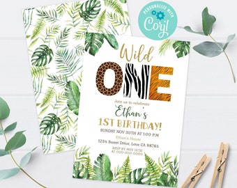 Safari birthday invitation, Wild One birthday invitation, Jungle party invite, EDITABLE animal print invitation, Boy 1st birthday theme- 35H