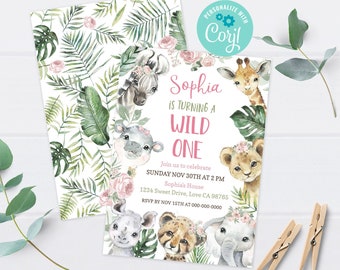 Safari birthday invitation girl, Wild One girl birthday invitation, Girl jungle party, EDITABLE Floral Safari first birthday invite - 35A