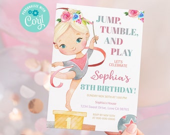 Gymnastics birthday invitation, Instant download, EDITABLE Rainbow girl Gymnastic Bithday Invite, Floral Gymnastic party printables - 99A