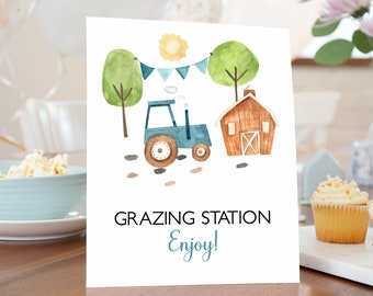 Grazing Station sign, Farm birthday food table signs, Farm Party sign, Boy baby shower decorations, Barnyard bash, Tractor party sign - 11F
