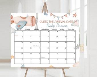 Airplane Due Date Calendar, Instant Download, Airplane baby shower games, Guess baby arrival, The adventure awaits baby shower printable 47H