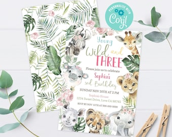 Young wild and three invitation girl, Floral Safari birthday, EDITABLE Party animals third birthday invite, Girl jungle party - 35A