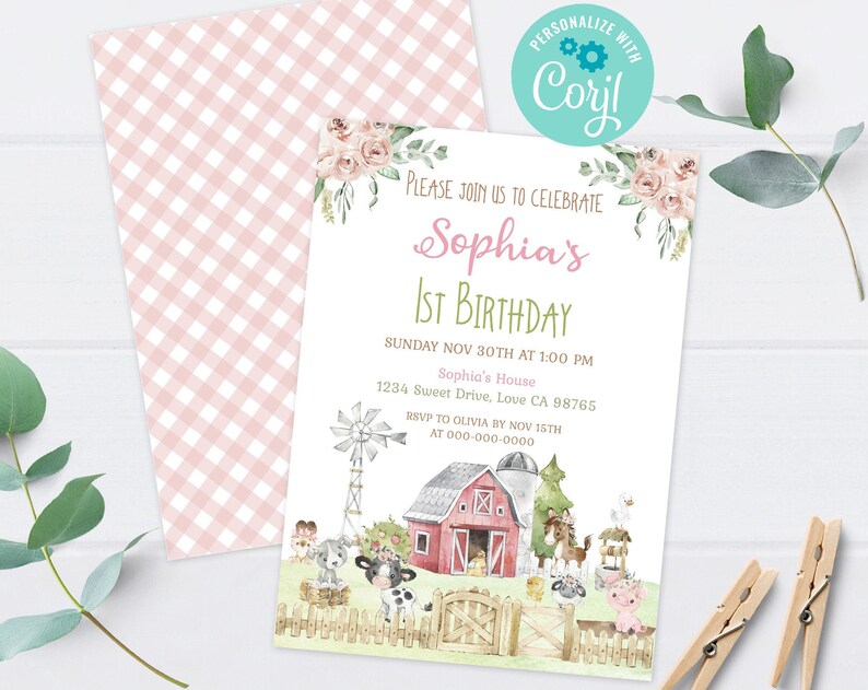 Farm birthday invitation Girl Instant download EDITABLE Floral Farm Animals Invite Pink Barnyard party printables 11C1