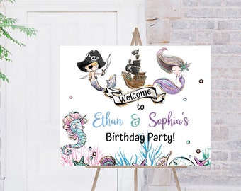 EDITABLE Mermaid and Pirate birthday Welcome Sign, Brother and Sister birthday party decoration, Siblings party printables - 20A1