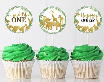 Wild One cupcake toppers, Safari First Birthday, Safari Cupcake Toppers, Jungle party stickers, boy 1st birthday theme, Animal print - 35K