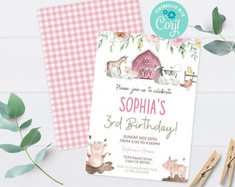 Farm birthday invitation girl, Instant download, EDITABLE Floral farm animals invite, Girl barnyard bash invitation, Pink farm party - 11B